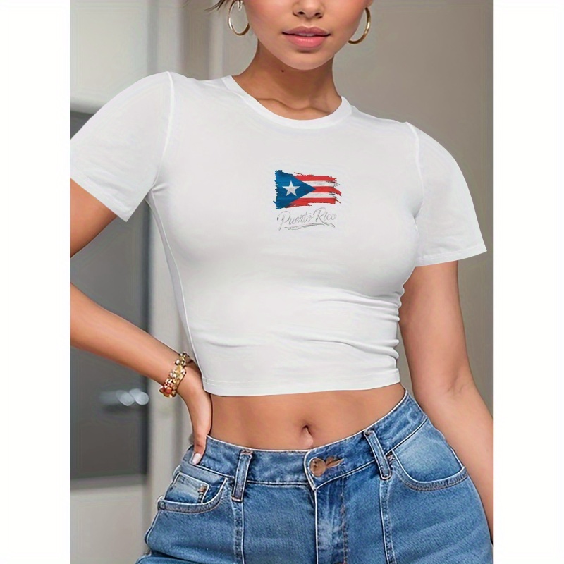 

Chic Puerto Rican Flag Graphic Tee For Women - Y2k Style, Stretchy Polyester & Spandex , Short Sleeve, Round Neck Top