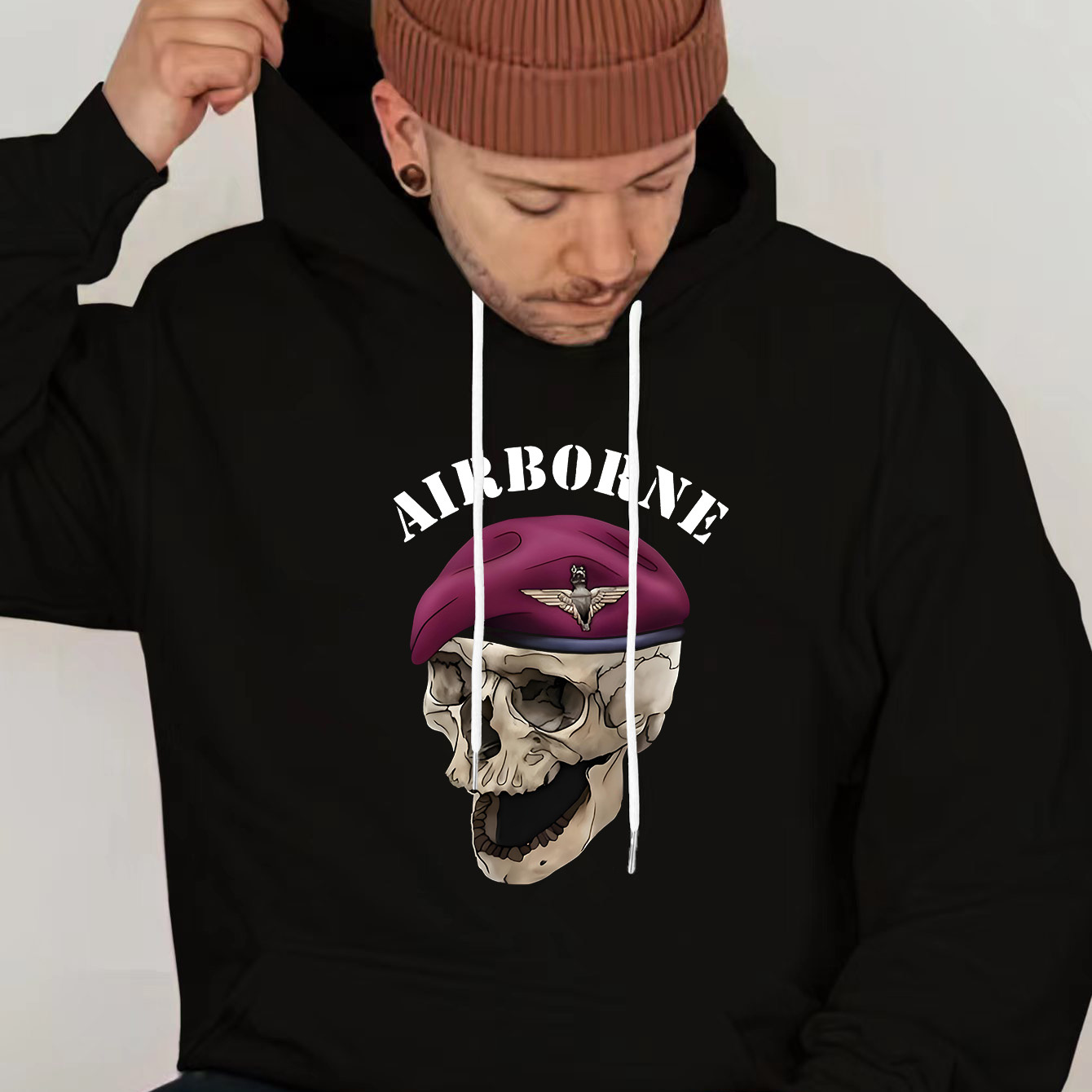 

1pc Airborne Military Skull Hoodie - Men' Polyester Sweatshirt With Alphabet Print, Casual Loose Fit, Knit Fabric With Stretch, Comfortable Hooded Collar, Pocket Detail For Spring/autumn