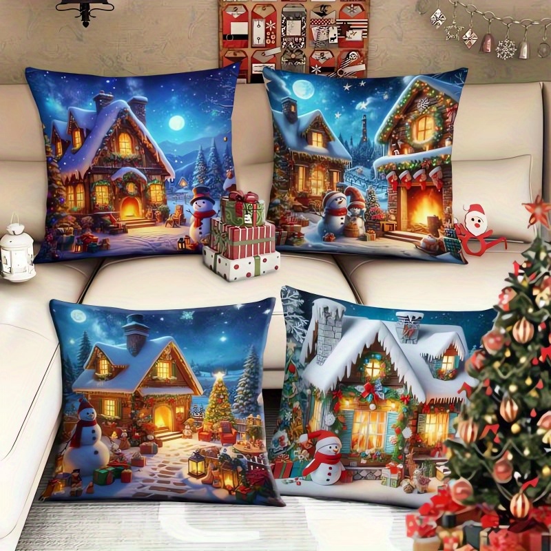 

4pcs Christmas Throw Pillow Covers Set - Vintage Style Linen, Zip Closure, Hand Wash Only - Sofa & Bedroom Decor (inserts Not Included)