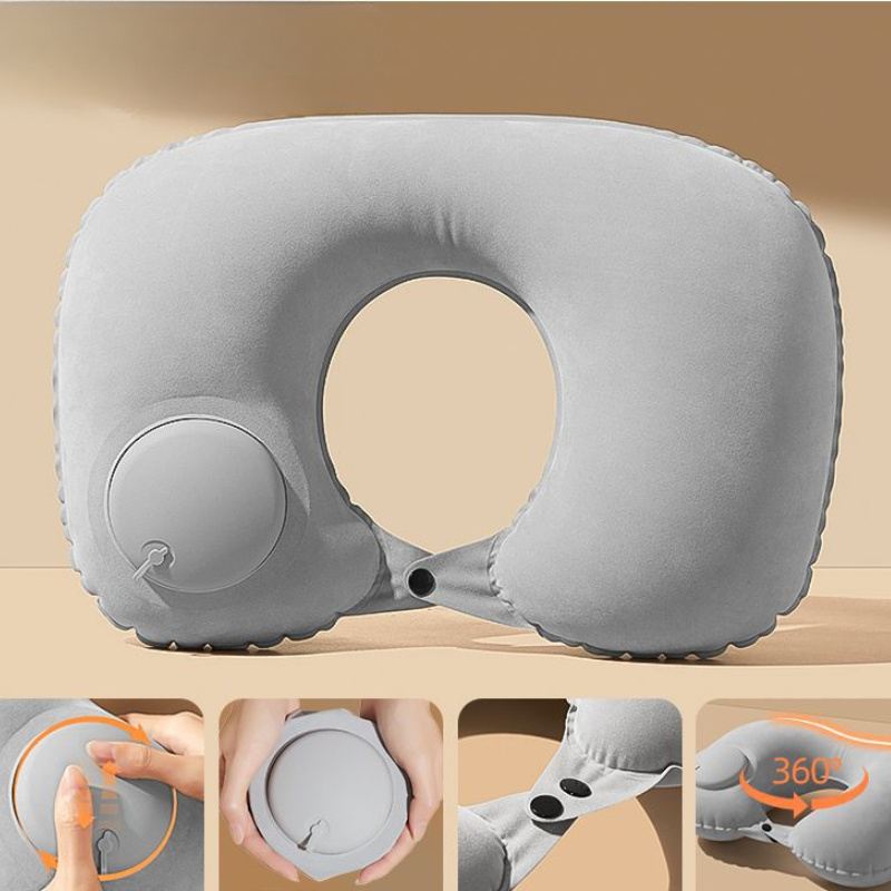 1pc inflatable u shaped neck pillow portable travel cervical support   woven material no battery required with spot   for black grey details 9