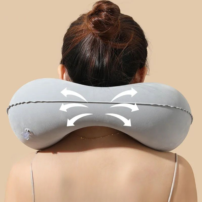 1pc inflatable u shaped neck pillow portable travel cervical support   woven material no battery required with spot   for black grey details 7