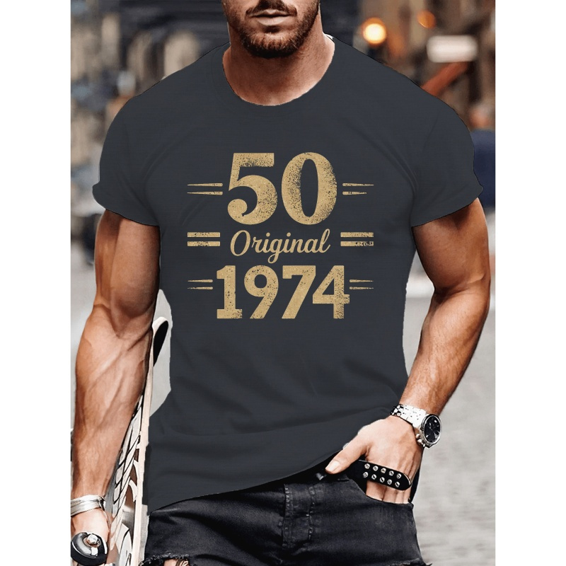 

Men' 1974 50th Birthday T-shirt - Casual Polyester Crew Neck Tee With Stretch, Geometric Print, Summer Knit Fabric Top, Regular Fit