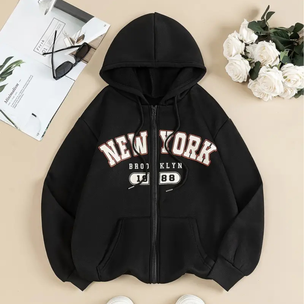 

New Print Zip-up Hoodie With Pockets - Casual Long Sleeve Drawstring Jacket For Women, Polyester, Machine Washable - Fall/winter