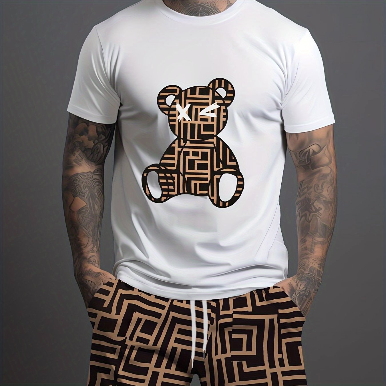 

Men's Bear And Square Pattern Graphic Printed T-shirt Summer