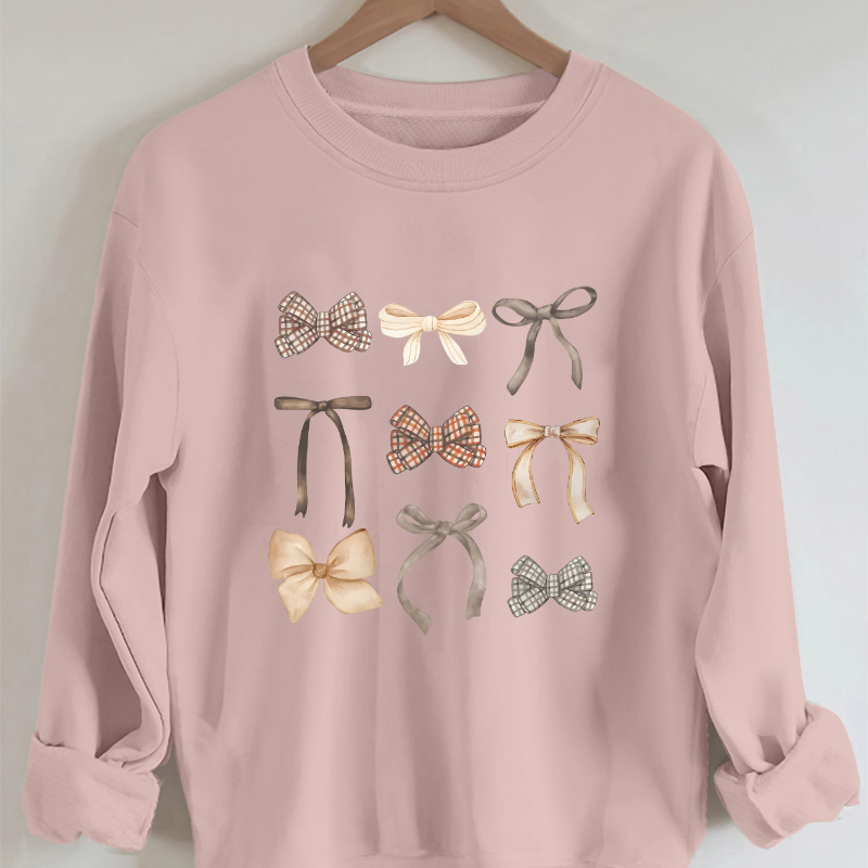 

Women's Casual Long Sleeve Crew Neck Sweatshirt With Cartoon Bow Pattern, 100% Polyester Knit Fabric, Loose Fit Pullover For All
