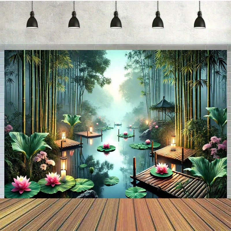 

7x5ft Bamboo & For Lotus Pond Polyester Backdrop - Birthday Parties, Photo & Outdoor Celebrations, No Power Needed