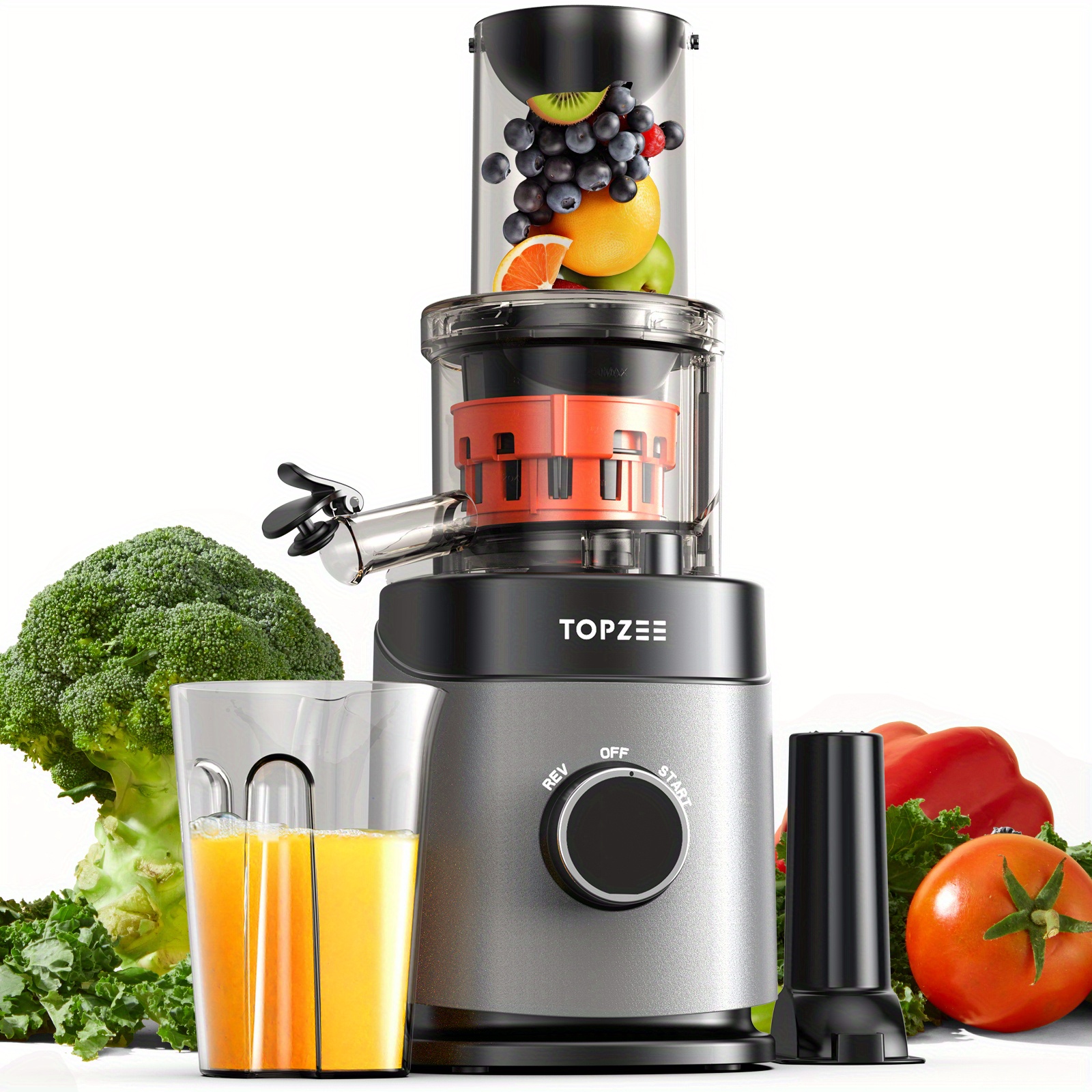 

Topzee High- Wide Mouth Cold Press Juicer - Energy-, Slow Masticating, Bpa-free, Easy- With Brush, Includes 24oz Juice Cup - Fruits & Vegetables, Plug-in, Dishwasher Safe