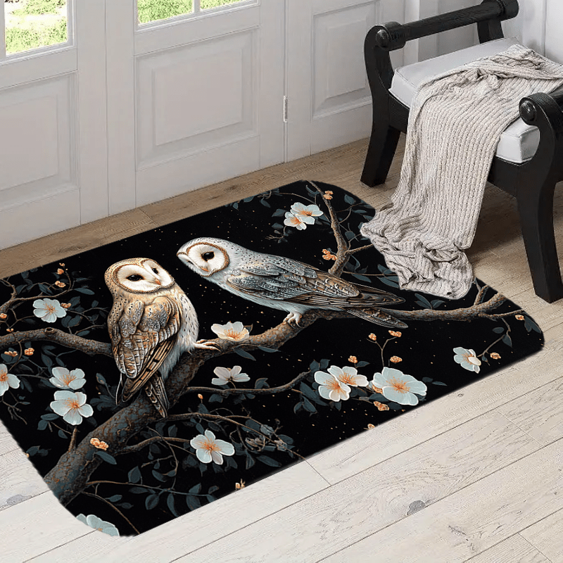 

Paillasson en polyester avec motif - Tapis de sol antidérapant lavable en machine avec hiboux perchés et un motif de branche florale sur fond noir - Tapis décoratif pour