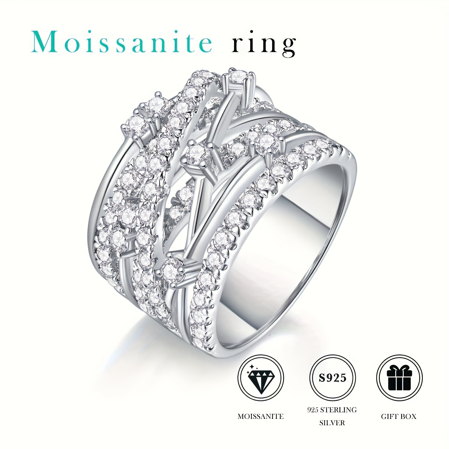 Image of 925 Sterling Silver Moissanite Ring For Women Men Sophisticated Jewelry Gift Romantic Fashion Gift Proposal Bridal Wedding Promise Celebration Classic Occasion Style