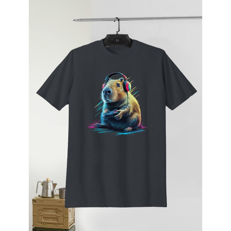 

T-shirt Capybara Gamer - Tissu tricoté % polyester avec col rond, style décontracté, légère élasticité, imprimé à géométriques, tee-shirt d'été pour adultes