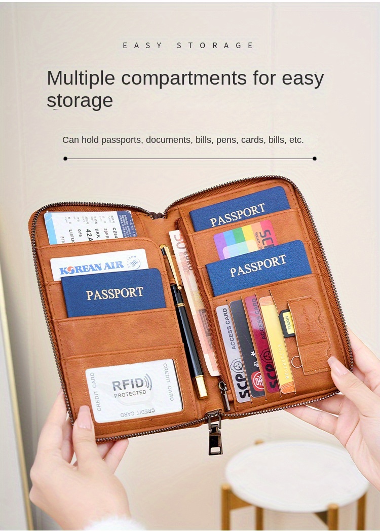 leather rfid blocking passport wallet stain theft resistant travel organizer with zipper closure polyester lined multi functional document holder with lanyard detachable shoulder strap with     travel details 1