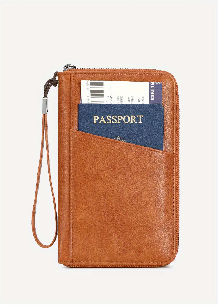 leather rfid blocking passport wallet stain theft resistant travel organizer with zipper closure polyester lined multi functional document holder with lanyard detachable shoulder strap with     travel details 2