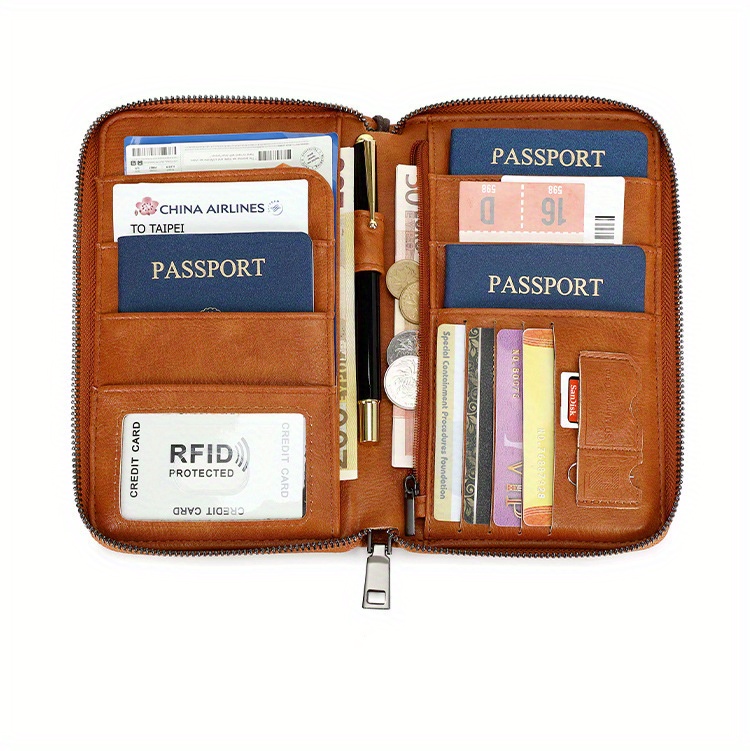leather rfid blocking passport wallet stain theft resistant travel organizer with zipper closure polyester lined multi functional document holder with lanyard detachable shoulder strap with     travel details 3