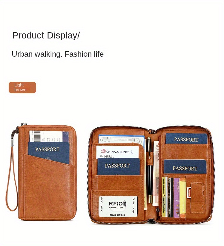 leather rfid blocking passport wallet stain theft resistant travel organizer with zipper closure polyester lined multi functional document holder with lanyard detachable shoulder strap with     travel details 8