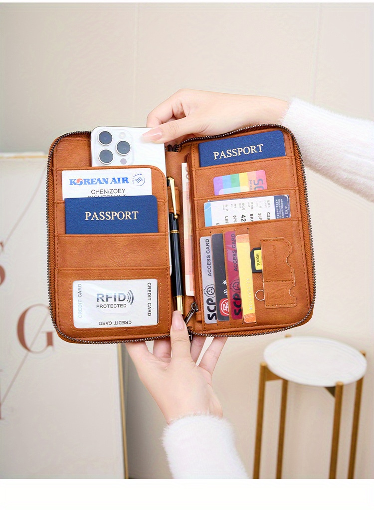leather rfid blocking passport wallet stain theft resistant travel organizer with zipper closure polyester lined multi functional document holder with lanyard detachable shoulder strap with     travel details 10