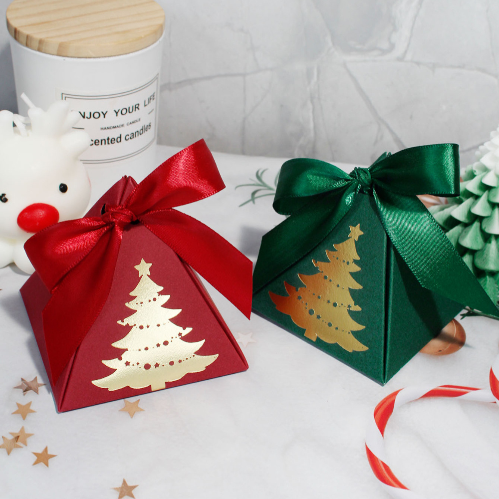 

Set Of 5 Christmas Tree Triangle Gift Boxes With Ribbons - Paper Candy & Cookie Packaging For Christmas Party Favors And Decorations