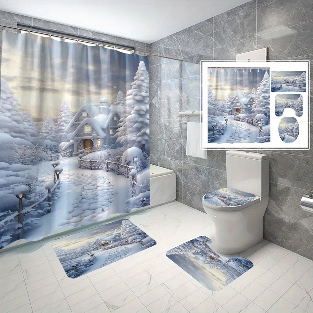 

1pc/2pcs/3pcs/4pcs/6pcs Christmas Snow Footprint Polyester Waterproof Shower Curtain No Punching Bathroom Curtain