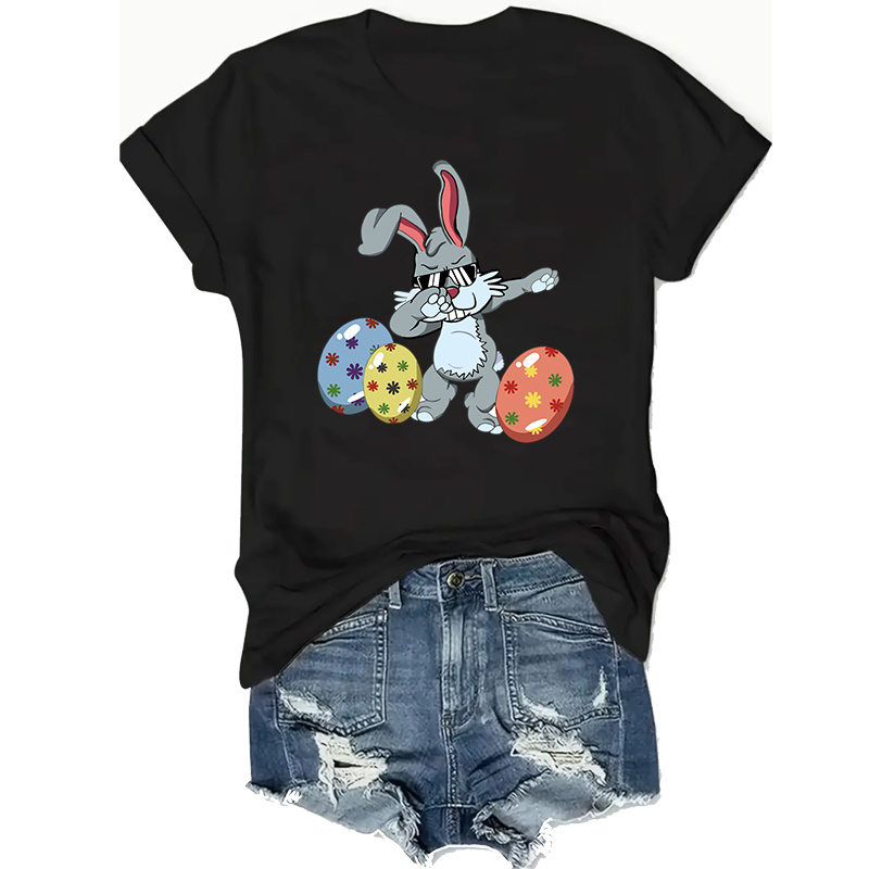 

Women's Plus Size Easter Bunny & Eggs Tee - Casual Short Sleeve Crew Neck T-shirt, Stretchy Polyester , Machine Washable