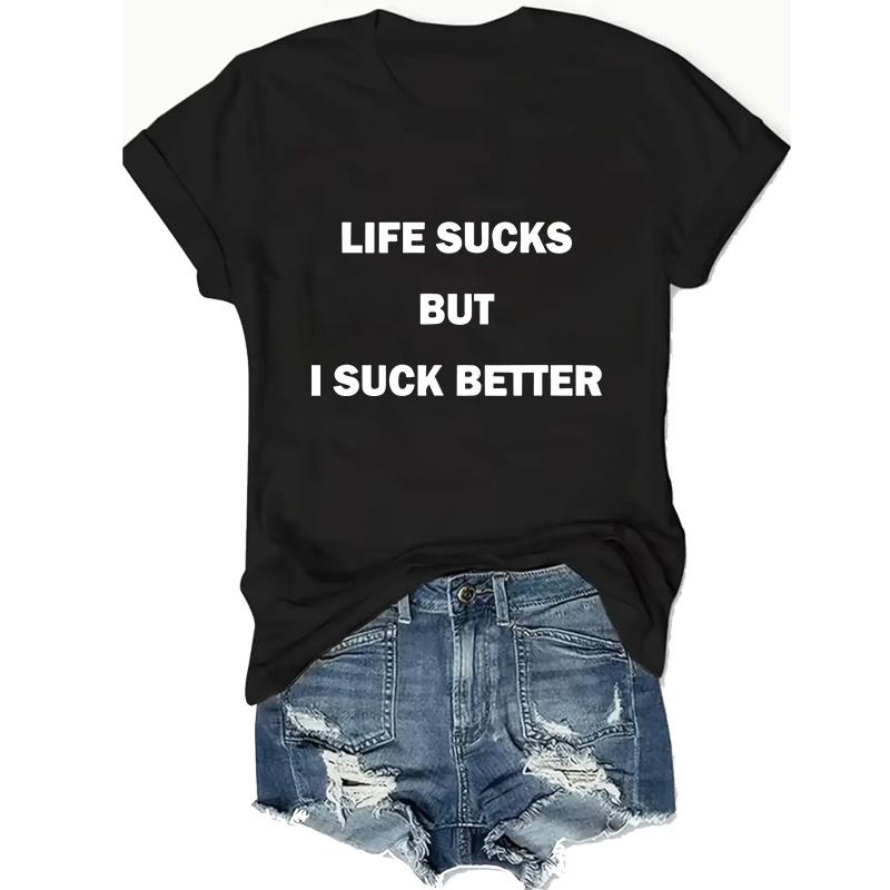 

Life But I Better" Plus Size Tee - Casual Crew Neck, Short Sleeve, Stretchy Polyester T-shirt For Women