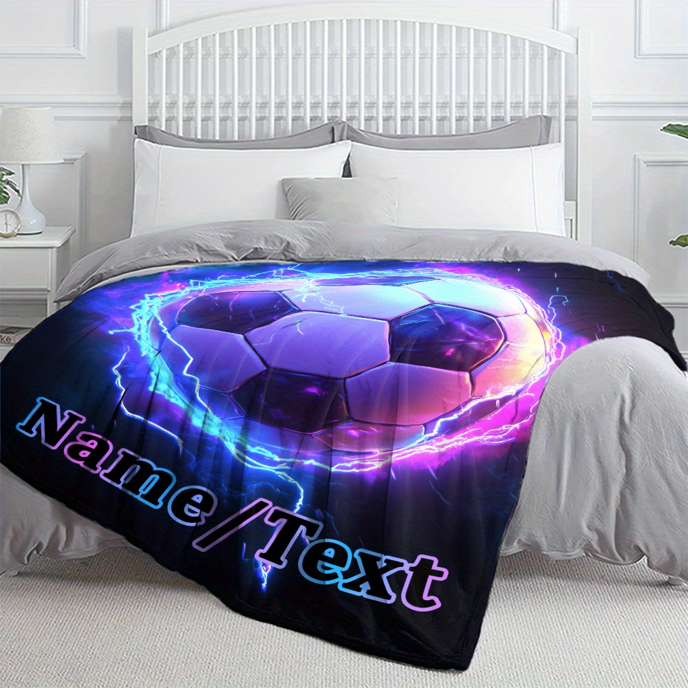 Custom Name Glowing Football Flannel Throw Blanket - Lightweight, Perfect For Sofa, Bed, Office, Camping & Travel | Durable Polyester, Ideal Gift For