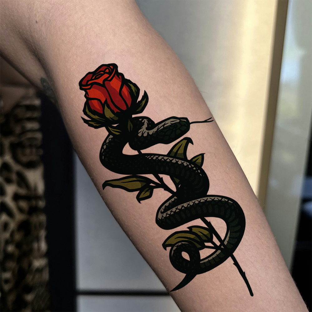 Waterproof Floral Snake Temporary Tattoo Sticker - Wisdom, Mystery & Power Symbol For , Perfect For Halloween Parties