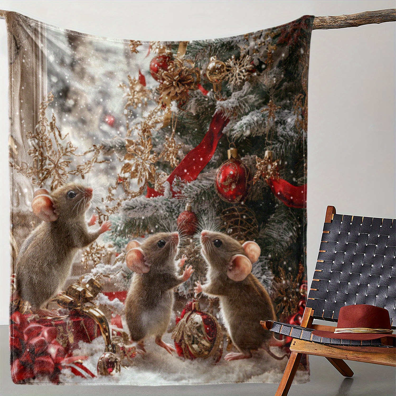 

Vintage Christmas Mouse & Ornament Print Flannel Blanket - Soft, Warm, And Cozy For Couch, Bed, Car, Office, Camping - Gift