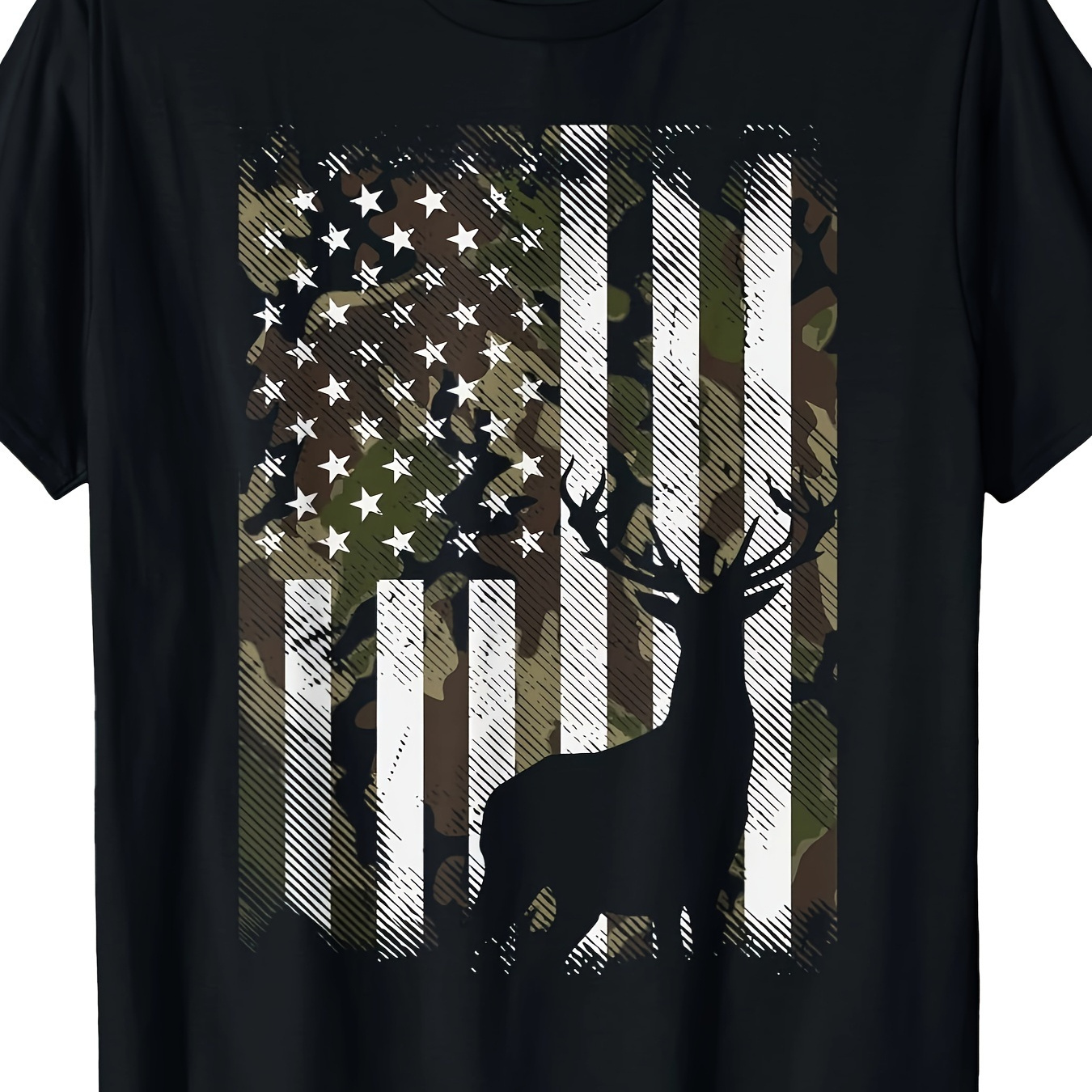 

Outdoor Men's Clothing Quality Materials, Camouflage American Flag Deer Elk Buck Camouflage Hunting Dad Gift Short Sleeve T-shirt, Comfortable And Breathable