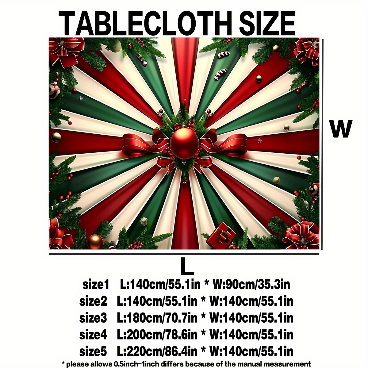 TEMU 1pc Merry Christmas, A Tablecloth Designed With Red, White, And Green Striped Christmas Ball Elements For Home Dining Tables, Tablecloth For