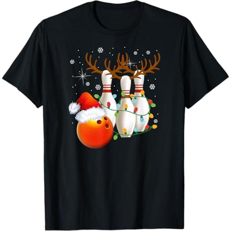 

Christmas Bowling Santa Hat Christmas Lights T-shirt, 100% Cotton, Halloween Thanksgiving Christmas Gift For Men Women , S-xxxl, Black