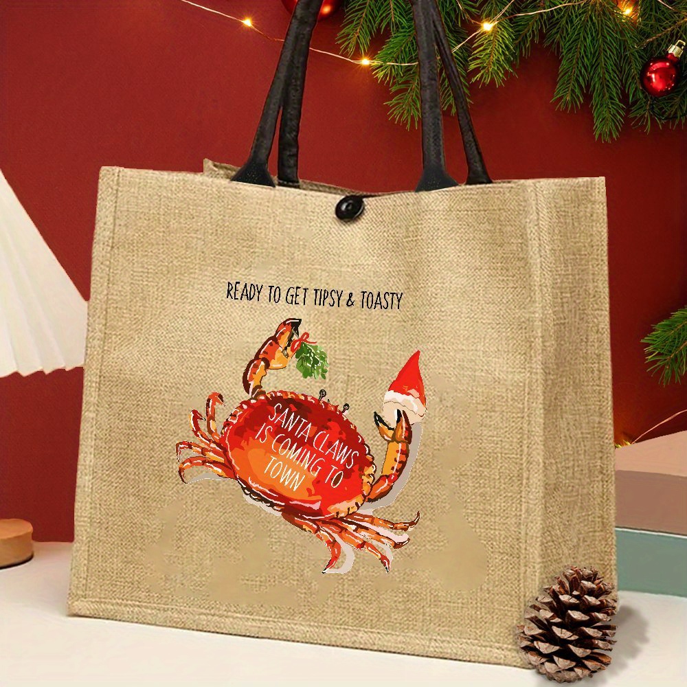 

Chic Crab Print Christmas Tote Bag - Large Capacity, Jute Handbag For Shopping, Travel & Outdoor Events