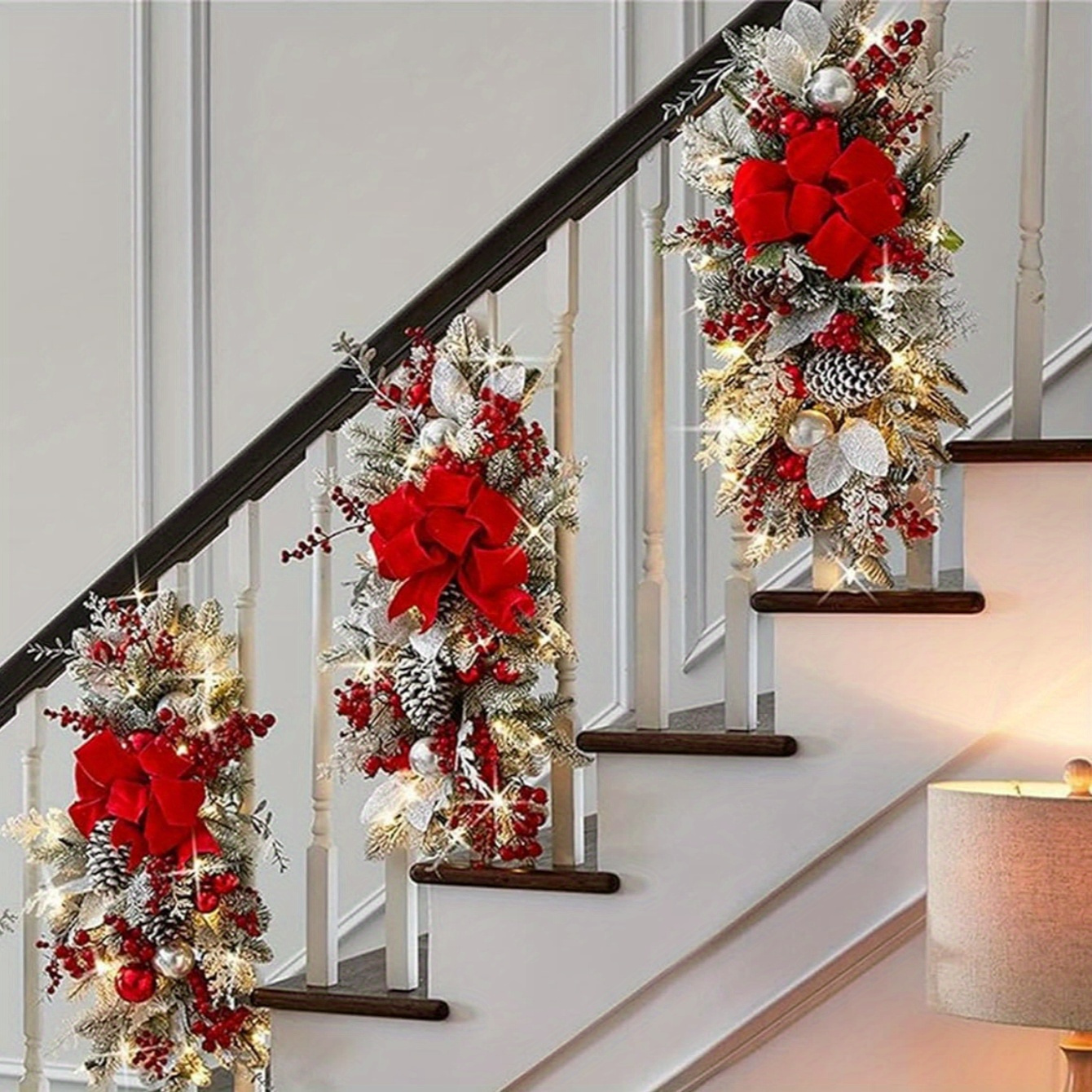 

4pcs Christmas Lighted Swags Christmas Wreaths For Front Door, Christmas Decorations, Artificial Winter Garland With Bow, Balls, Stair Railing Wall Window Decor, Gold, Red, Blue Color