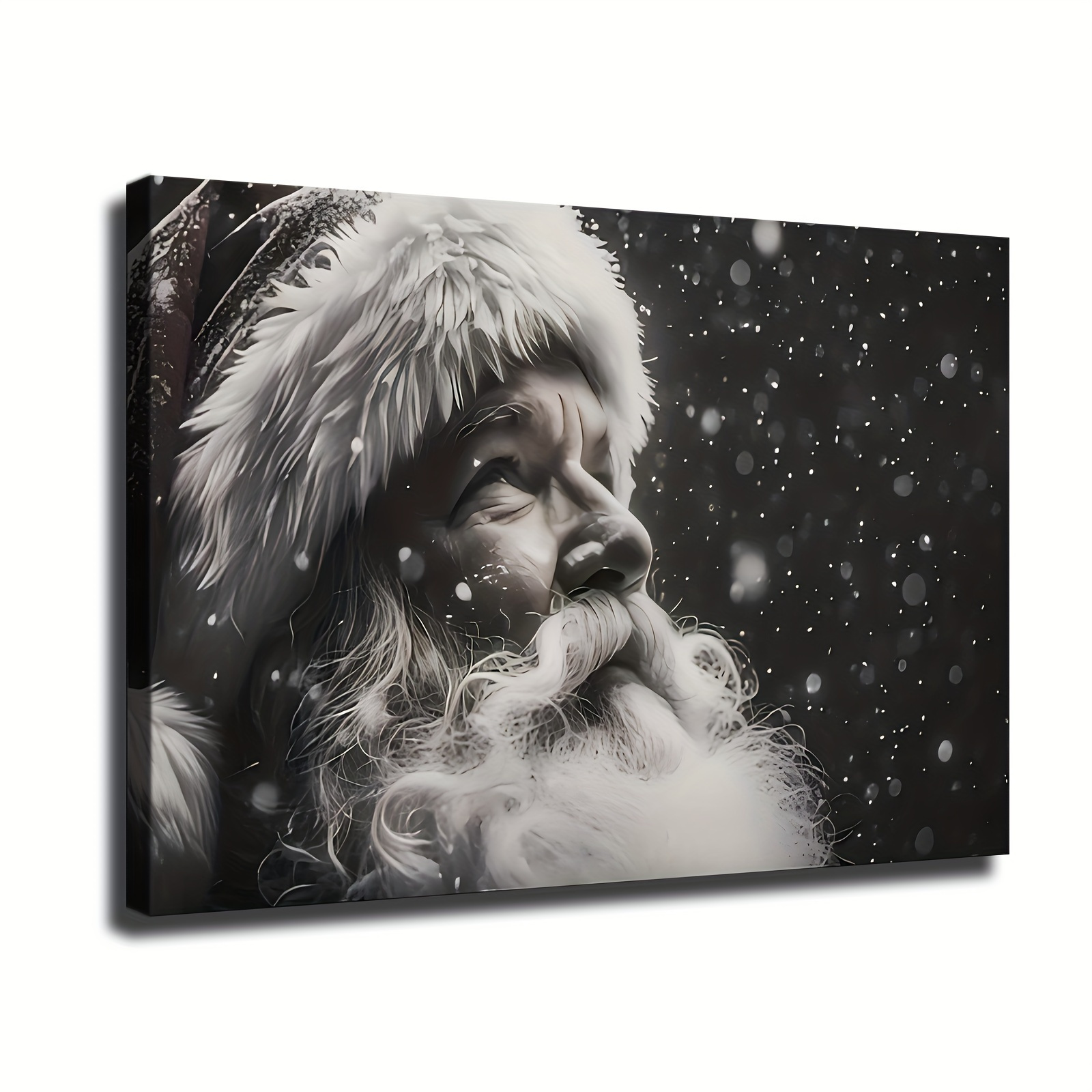 

1pc Santa Claus Christmas Wall Art - Black & White Vintage Holiday Decor, Canvas Print With Wooden Frame, Decoration, Aesthetic Santa With Snowflakes, Christmas Decorations, 2d, Room Decor