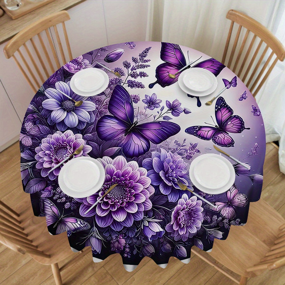 

Waterproof Polyester Round Tablecloth With Butterfly And Floral Print - Woven Machine Made, Stain-resistant Table Cover, Home, Restaurant, And Outdoor Use - Purple, Sizes