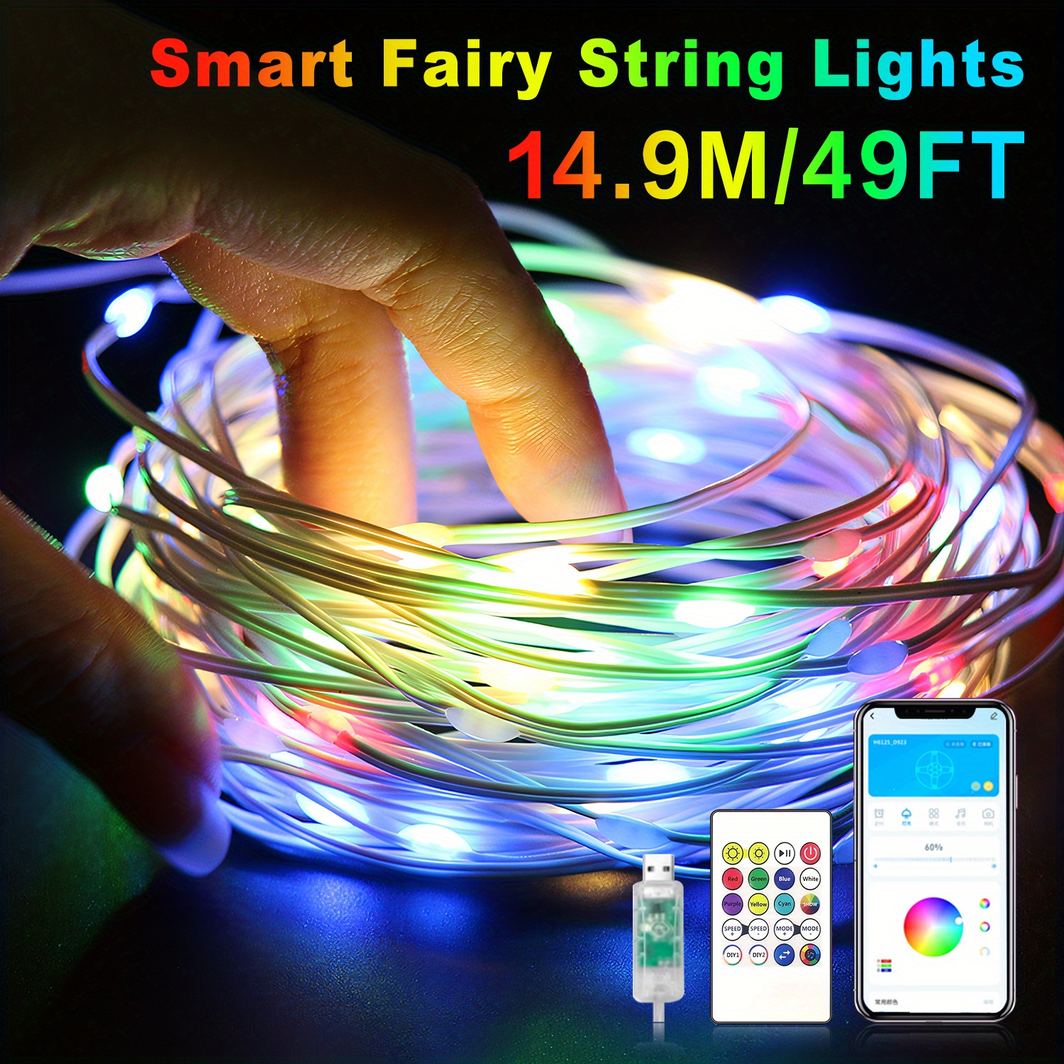 

32/ 50/ 65ft Led Fairy Light Fairy Light, 150 Led Lights, Rgb Color, Mode Diy, App And Remote Control Usb Power, Music , Christmas Halloween Decoration Living Room Bedroom Party