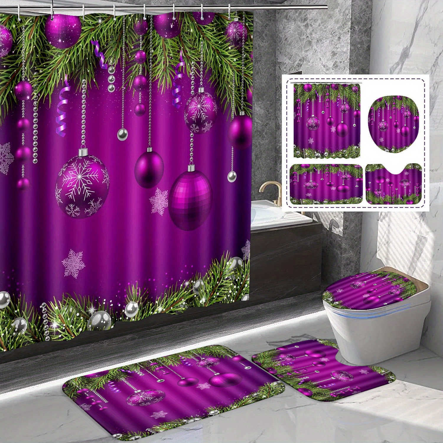 

Christmas Purple Shower Curtain Set, Christmas Decoration, Bath Mat Carpet, Unique Mat , Shower Curtain, 71x71 , Bathroom Decoration