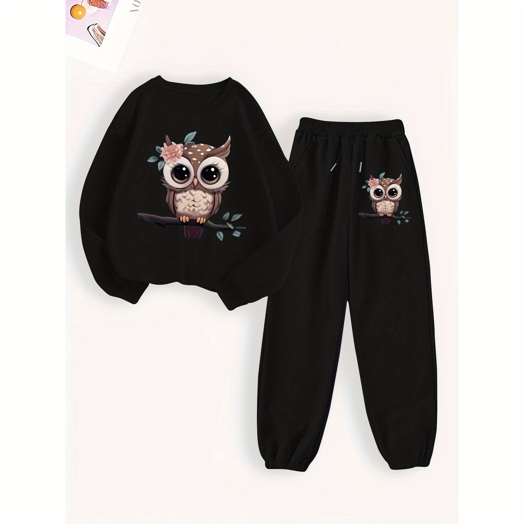 

Women's Crew Neck Sweatshirt And Long Pants Set, 100% Polyester Knit Fabric, Geometric Owl-pattern Casual Suit, Fall/winter Season Long Sleeve Pullover And Joggers Outfit