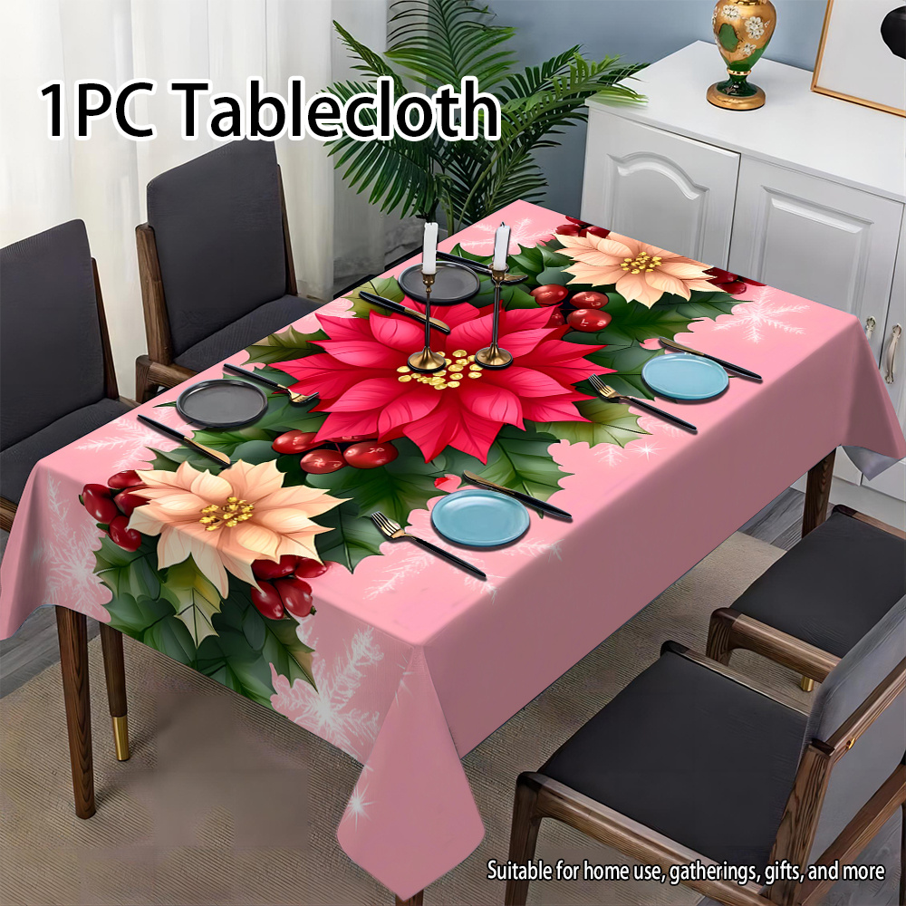 

Merry Christmas Floral Tablecloth - Pink Jacquard Design, Easy , Holiday Dining & Decor, Fits Rectangular, Round & Square Tables