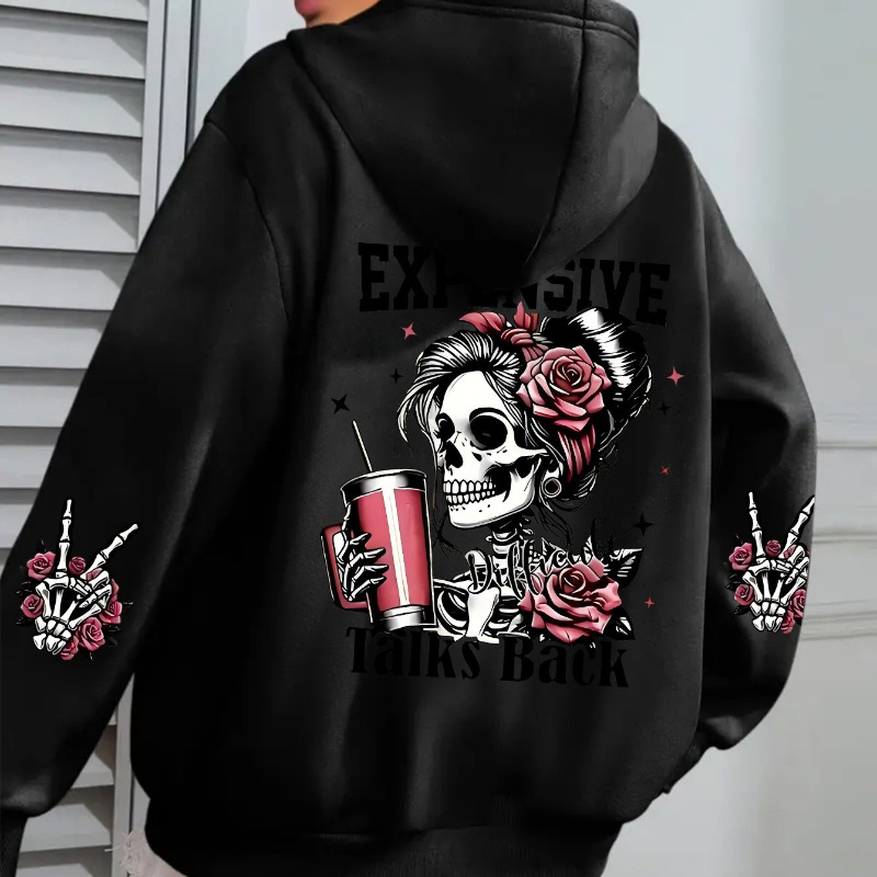 

Women's Floral Skull Print Hoodie With Zipper, Casual Knit Fabric Sweatshirt With Pocket, Unisex Long Sleeve Hooded Jacket For And Style