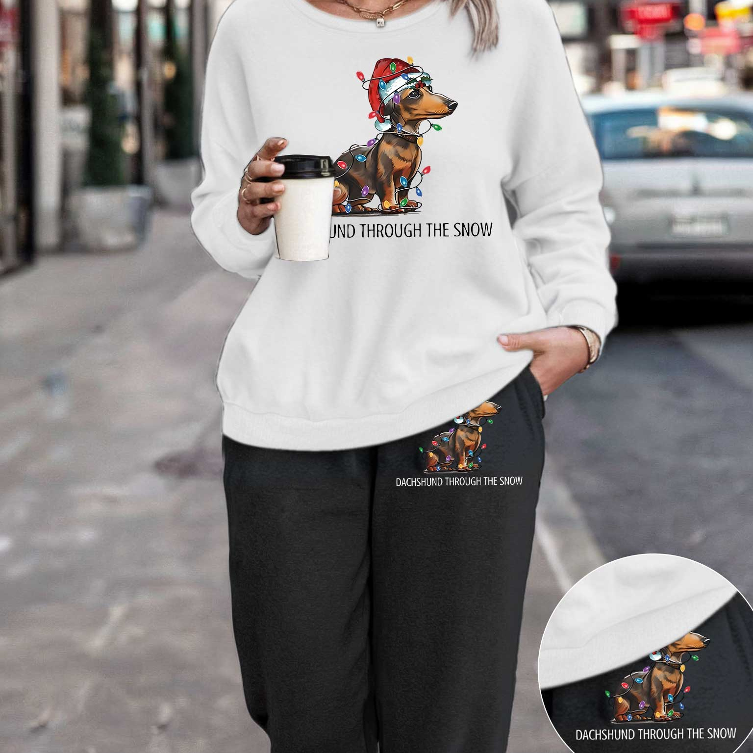 

Women's Christmas Dachshund Sweatshirt And Pants Set, , Round Neck, Knit Fabric, Polyester, , All , Cozy Loungewear