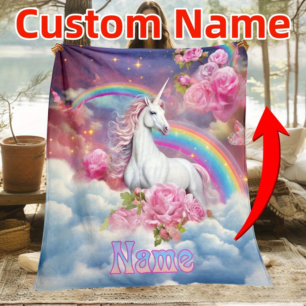 

Custom Rainbow Unicorn Personalized Name Blanket - Soft, Lightweight Flannel Throw For Couch, Bed, Travel & Camping - Digital Printed Fleece, Multiple Sizes