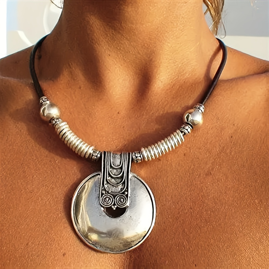 

Boho-chic Silvery Vintage Round Pendant Necklace - Alloy Fashion Accessory For Women, & Gifting