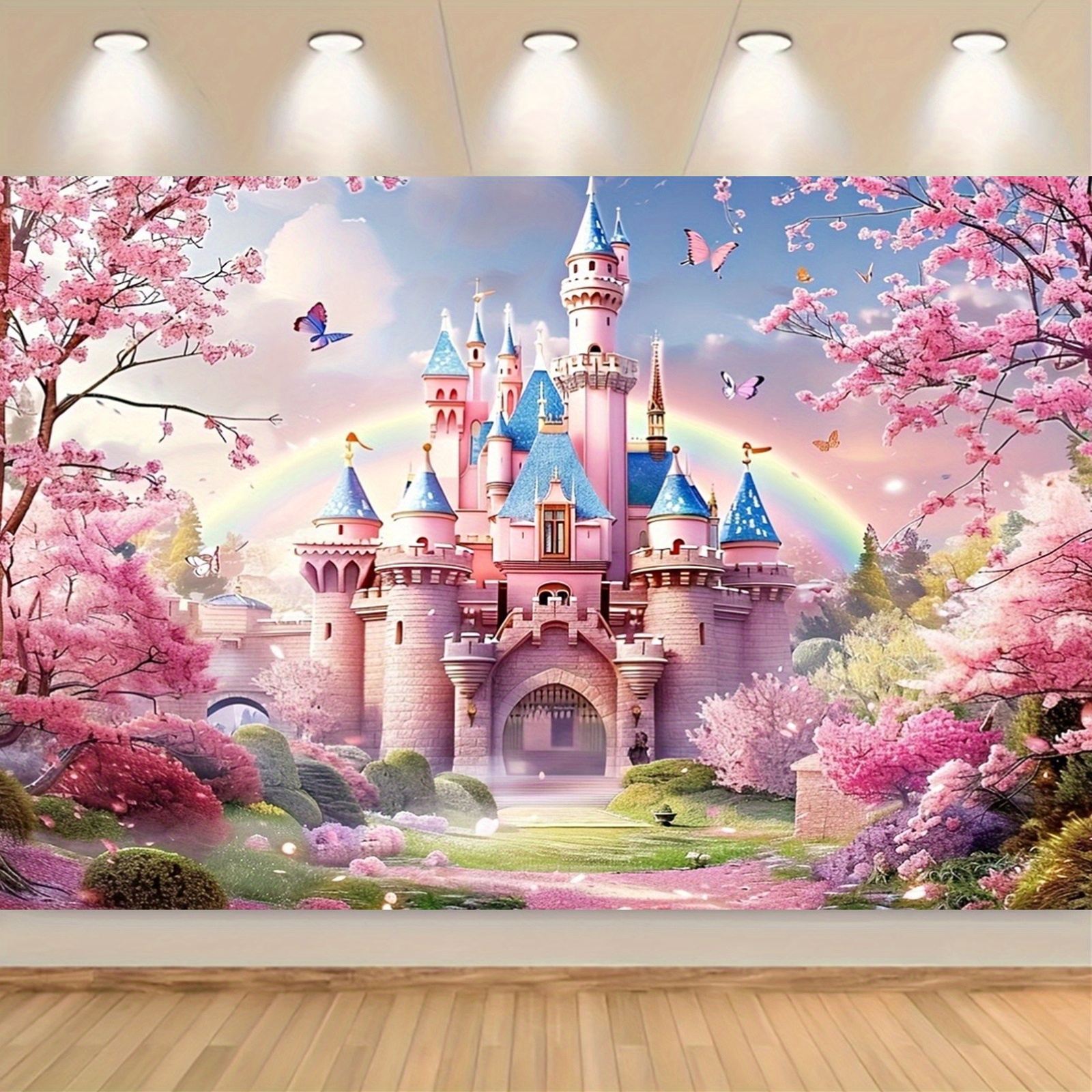 

1pc Fairy Castle Backdrop, With Rainbow, Polyester, No Power Needed, For Photography, Birthday, Wedding, Princess Party Decor