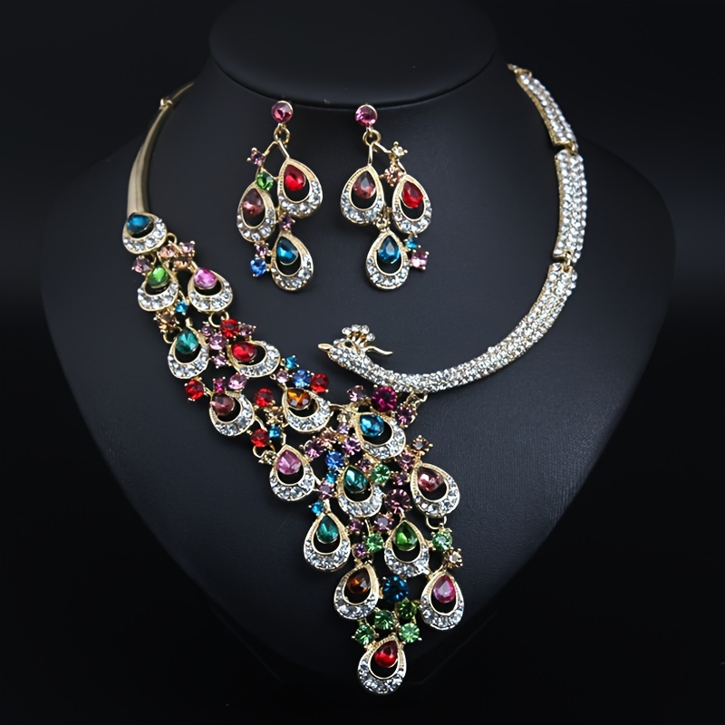 TEMU 3pcs Women's Peacock Rhinestone Jewelry Set - Elegant Bridal Wedding Necklace & Earrings Suitable For Parties, Banquets, Daily Wear,
