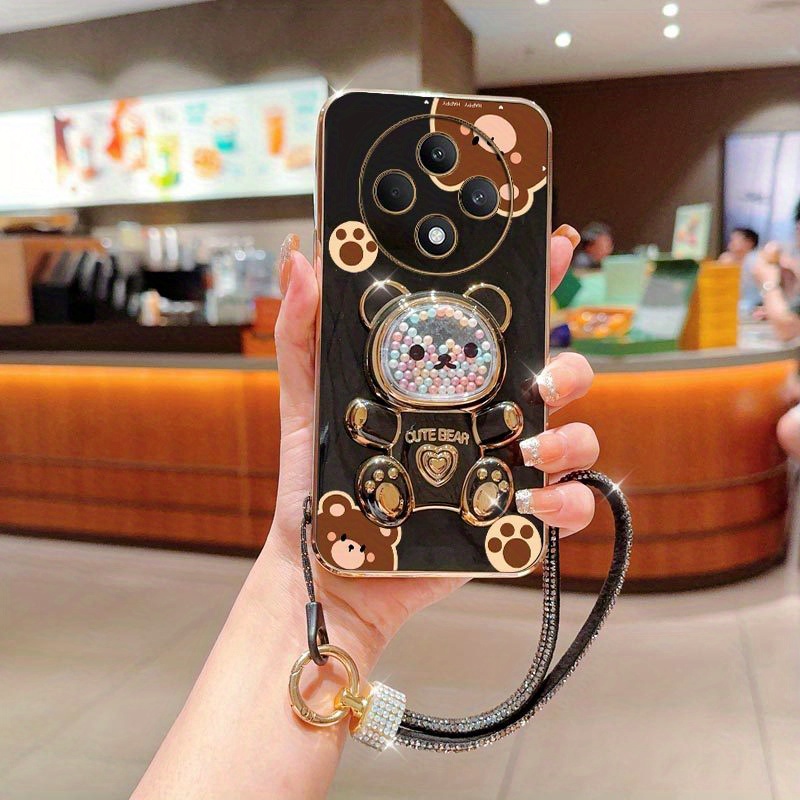 

Diamond Wrist Strap Lanyard Cute Bear Phone Holder Case On For Oppo Reno 12f Reno12f Stand Back Cover