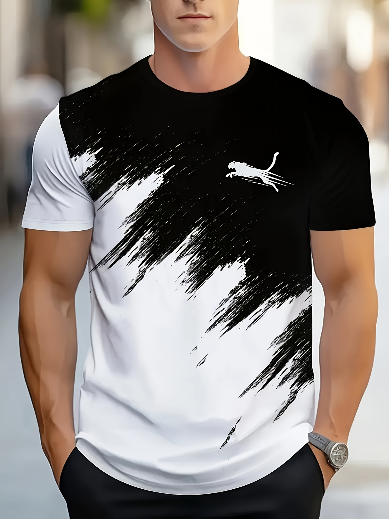 Men'S Casual Crew Neck T-Shirt with Running Animal 3D Print, Geometric Asymmetrical Design, 100% Polyester Knit Fabric, Slight Stretch, Regular Fit, Summer Street Hip Hop Sports Tee, 110gsm - Black & White