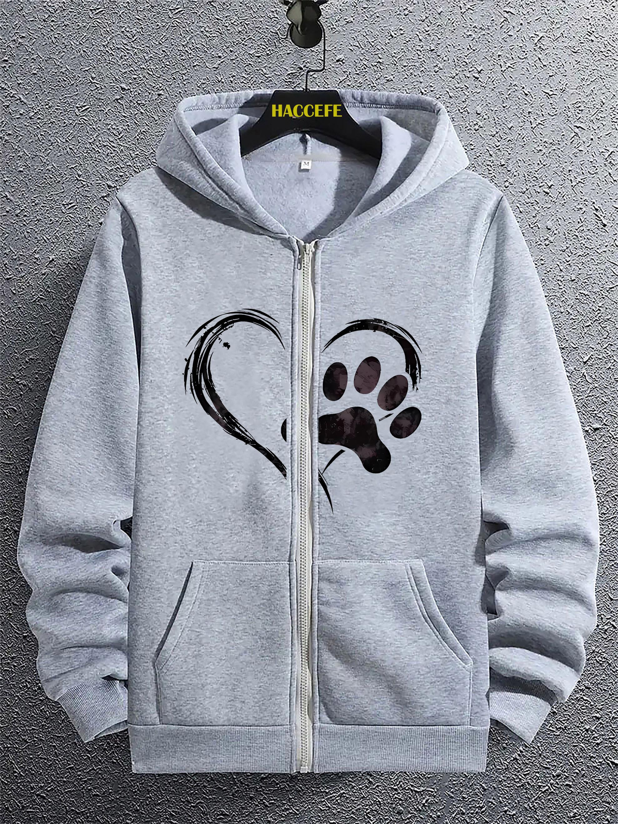 남성용 스타일리시한 하트 & 발톱 프린트 후디 - 캐주얼 지퍼 풀오버, 캥거루 포켓, 라이트 그레이, 폴리에스터 니트 재질, 올시즌 스웨트셔츠, 캐주얼 의상, 캐주얼 웨어 후디 | 그래픽 후디 | 지퍼 후디