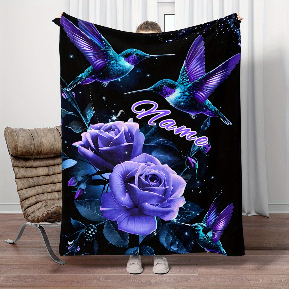 

Personalized Hummingbird & Rose Flannel Throw Blanket - Soft, Lightweight, And Warm For Sofa, Bed, Travel, Camping, Office Chair - Custom Name Option, Perfect Gift For Parties And Favors