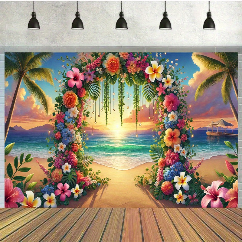 

Beach Floral Arch Backdrop, 7x5 Feet Polyester Photography Background Cloth, Birthday Banner Flag Supplies, Cake Table Party Decoration, Outdoor Celebration, Multipurpose, No Electricity Needed