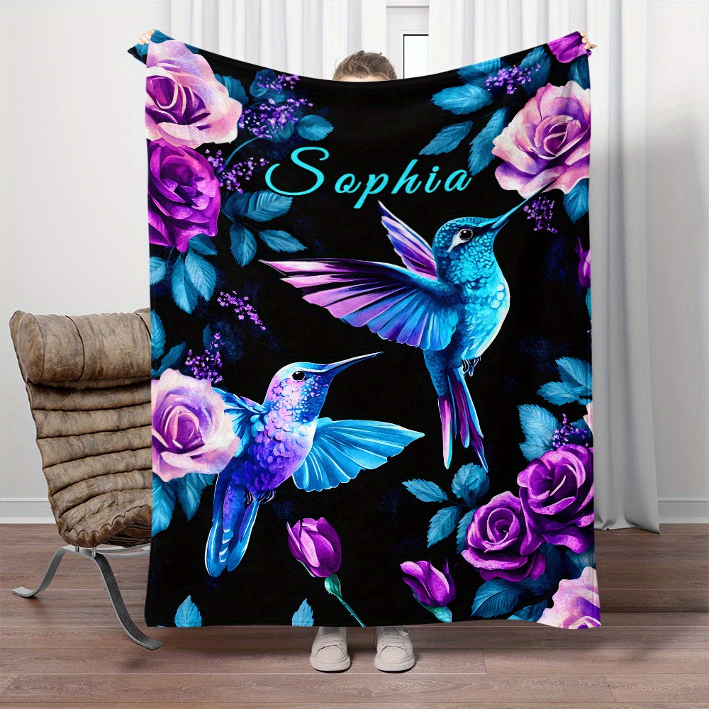 

Personalized Hummingbird & Rose Flannel Throw Blanket - Soft, Lightweight, And Warm For Sofa, Bed, Travel, Camping, Office Chair - Custom Name Option, Perfect Gift Idea, Custom Blanket