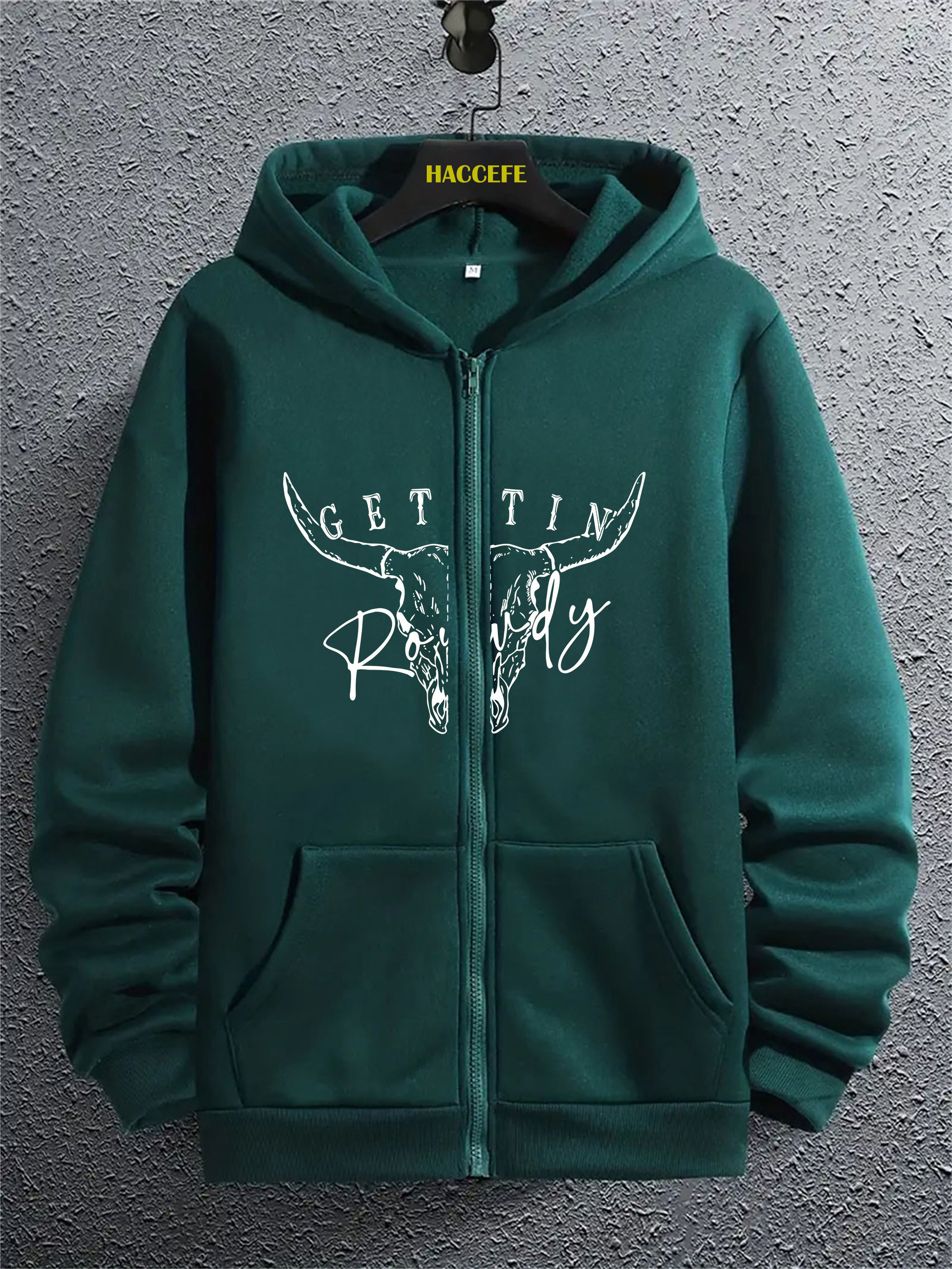 남성용 캐주얼 폴리에스터 후드티 | 전면 풀 지퍼 | 대담한 황소 머리 그래픽 프린트 | 사계절 니트 풀오버 캥거루 포켓 포함 | 세탁기 사용 가능 | 다크 그린, 지퍼 업 후디